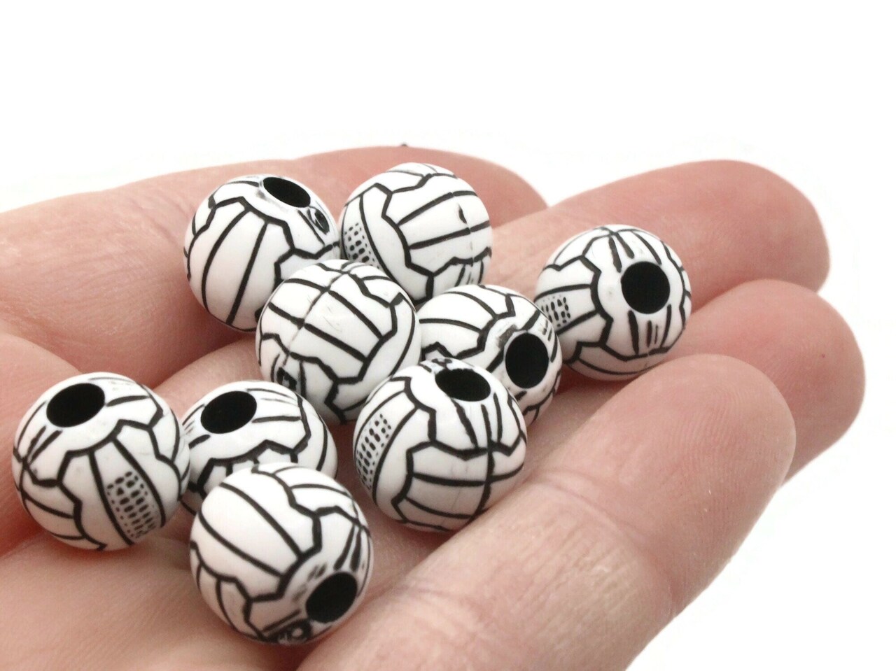 30 11mm Black and White Volleyball Round Plastic Sports Beads